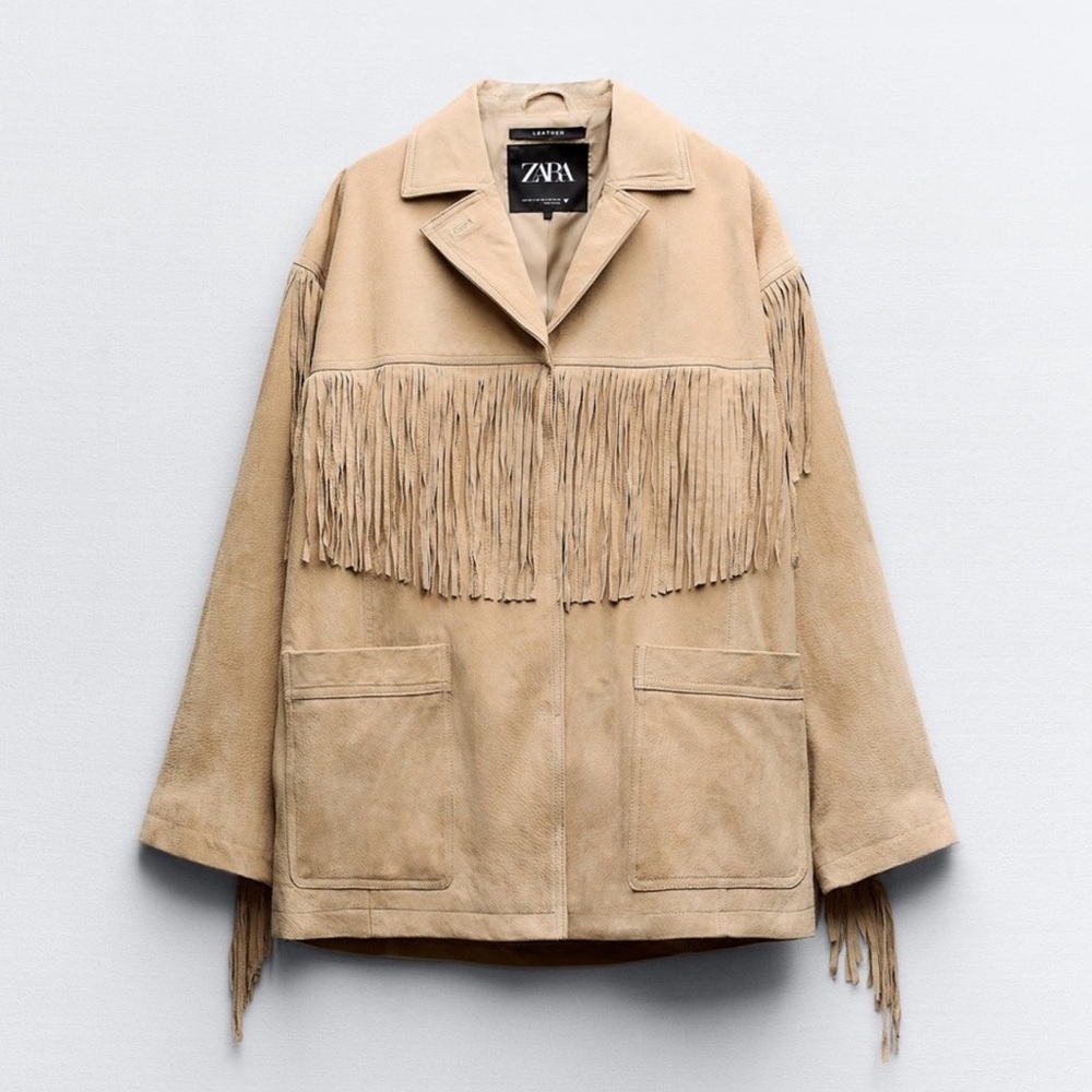 Zara Tan Leather Jacket with Fringe